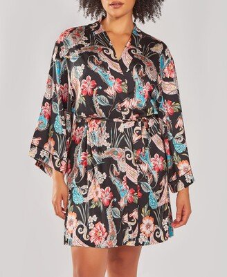 Plus Size Silky Soft Short Printed Robe - Black, Multi