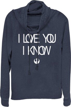 Junior's Love You I Know Rebel Symbol Cowl Neck Sweatshirt - Navy Blue - Large