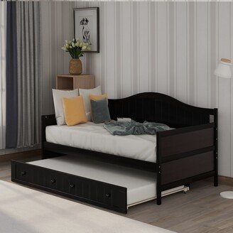 NINEDIN Twin Size Wooden Daybed with Trundle, No Box Spring Needed Sofa Bed w/Slats Support, Classic & Simple Platform Bedframe,Espresso