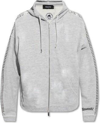 Graphic-Printed Studded Zipped Distressed Hoodie