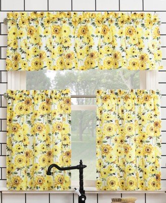 No. 918 Sunny Sunflower Print Semi-Sheer Rod Pocket Kitchen Curtain Valance and Tiers Set, 54 x 36