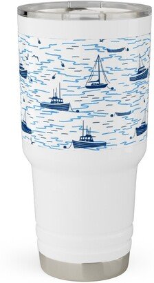 Travel Mugs: Harbor Boats - White Travel Tumbler, 30Oz, Blue