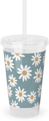 Travel Mugs: Daisies Acrylic Tumbler With Straw, 16Oz, Blue