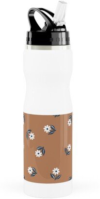 Photo Water Bottles: Romantic Boho Daisy Flowers - Scandinavian Print - Caramel Brown Blue Stainless Steel Water Bottle With Straw, 25Oz, With Straw,