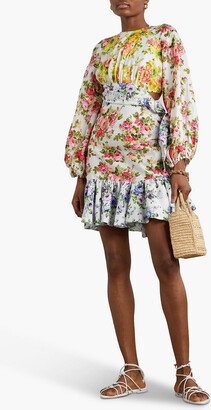 Ruffled floral-print linen mini dress