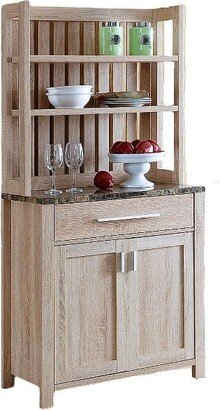 Two-Toned Kitchen Baker's Rack Utility Storage Cabinet with Drawer and Faux Marble Top in Weathered White Finish