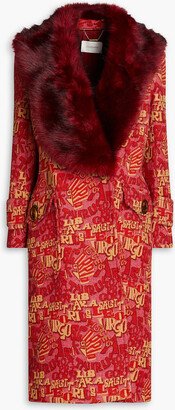 Double-breasted faux fur-trimmed jacquard coat