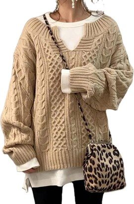 chouyatou Women's Winter Chunky V Neck Long Sleeve Loose Cable Knit Sweater Pullover (X-Large