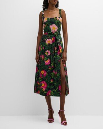 Camellias-Print Belted Slit-Hem Poplin Midi Dress