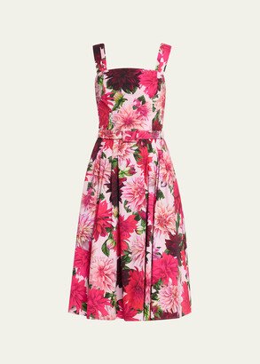 Dahlia Print Belted Poplin Midi Dress