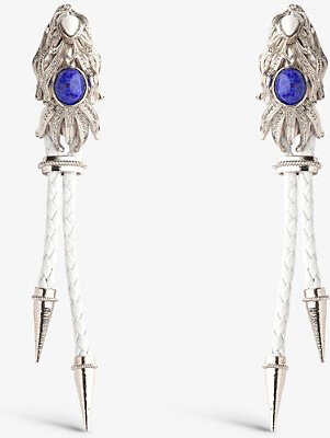 LA Maison Couture Womens White Silver Sonia Petroff Dragonfish Leather, Agate, Lapis Lazuli and White Silver Earrings