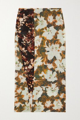 Paneled Floral-print Silk-blend Midi Wrap Skirt - Orange