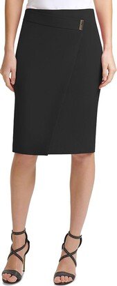 Petites Womens Asymmetric Midi Pencil Skirt