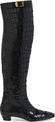 Croc-Embossed Leather Over-The-Knee Boots