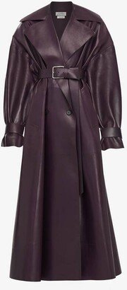 Women's Cocoon Sleeve Leather Trench Coat In Night Shade