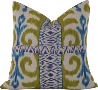 Throw Pillow Cover,, Blue & Green Ikat One Of A Kind Mixed Pattern Moroccan Pillow, Boho