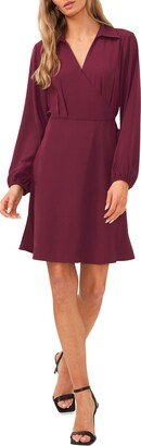 Pleated Long Sleeve Faux Wrap Shirtdress