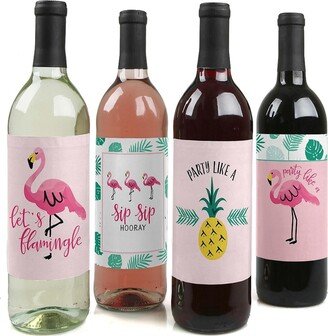 Big Dot Of Happiness Pink Flamingo - Party Like a Pineapple - Wine Bottle Label Stickers - 4 Ct