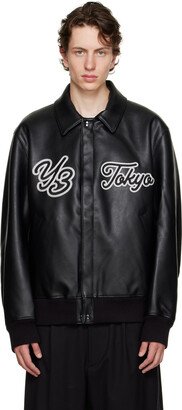 Black Collared Faux-Leather Bomber Jacket