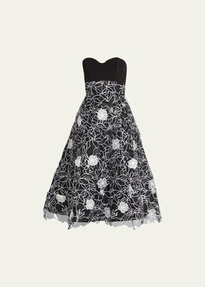 Strapless Floral-Embroidered Midi Dress