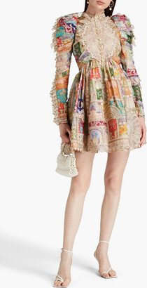 Lace-paneled floral-print linen and silk-blend gauze mini dress