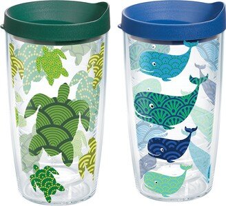 Turtle and Whale Pattern Made in USA Double Walled Insulated Tumbler Cup Keeps Drinks Cold & Hot, 16oz - 2pk, Clear