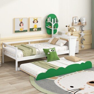 Tiramisu Twin Size Daybed with Desk, Green Tree Shape Shelves and Trundle