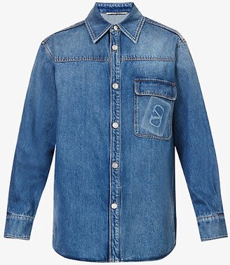 Mens Medium Blue Denim Branded-pocket Contrast-stitch Relaxed-fit Denim Overshirt