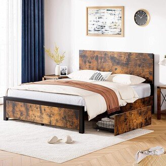 Alkmaar Wooden Bed Frame with Headboard and 4 Drawers Rustic Metal Bed Frame with Large Storage Space