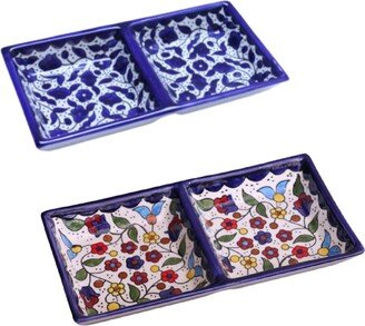 Square Serving Plate 2 Section Palestinian Ceramic Floral Style