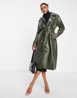 Aria Cove faux leather trench coat in khaki