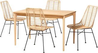 Manhattan Modern Bohemian Rattan and Natural Oak Finished Wood 5-Piece Dining Set