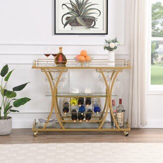 GREATPLANINC Tempered Glass Shelves 3-Tier Rolling Cart Gold Kitchen Serving Cart Wine Rack Tempered Glass Metal Frame Wine for Party Bar