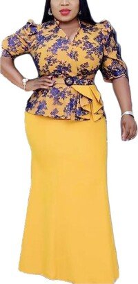 OpsreY African Plus Size Print Women's Clothing Five-minute Sleeve Tie Waist Top & Floor-length Skirt Women V-Neck Skirt Set (Color : Yellow