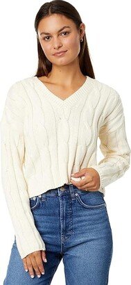 Cable-Knit V-Neck Crop Sweater (Antique Cream) Women's Sweater