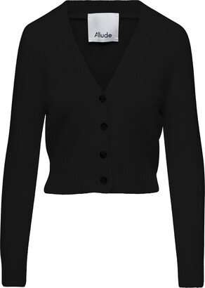 Black V Neck Cardigan With Ribbed Trim In Stretch Cashmere Woman