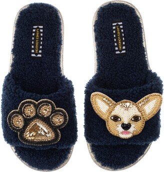 Laines London Teddy Towelling Slipper Sliders With Princess Chihuahua & Paw Brooch - Navy