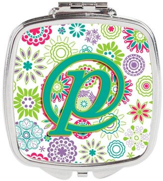 CJ2011-PSCM Letter P Flowers Pink Teal Green Initial Compact Mirror