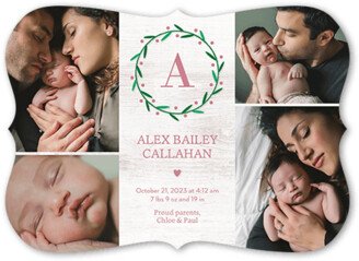 Birth Announcements: Monogram Laurel Birth Announcement, Pink, 5X7, Pearl Shimmer Cardstock, Bracket