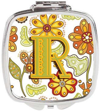 CJ2003-RSCM Letter R Floral Mustard & Green Compact Mirror