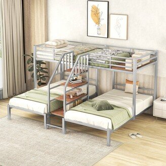 Tiramisubest Twin over Twin & Twin Metal Triple Bunk Bed with Storage Shelves Staircase