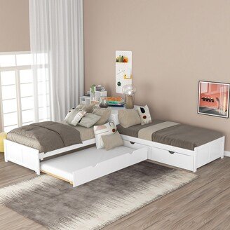 GEROJO Twin L-Shaped Platform Bed with Trundle, Drawers, and Desk