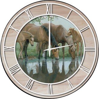 House & Homebody Co. Wall Clock with Natural Woodgrain Accent - Sweet Spring Horses - White Numbers - 24