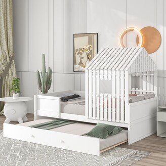 TiramisuBest Twin Size White Loft Bed with Trundle