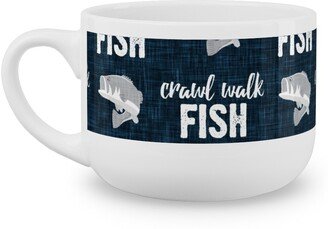 Mugs: Crawl Walk Fish - Bass Fishing - Navy Blue And Grey Latte Mug, White, 25Oz, Blue