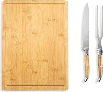 French Home Laguiole 3-Piece Olive Wood Carving Knife, Fork & Bamboo Cutting Board Set