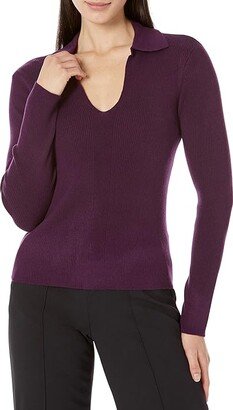 Rib V-Neck with Collar (Aubergine) Women's Clothing