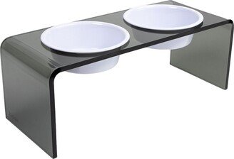 Hiddin Medium Smoke Grey Double Bowl Pet Feeder With White Bowls-AA