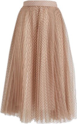 Polka-Dot Printed High Waist Tulle Midi Skirt