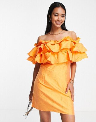 mini dress with off the shoulder exaggerated frill detail in orange